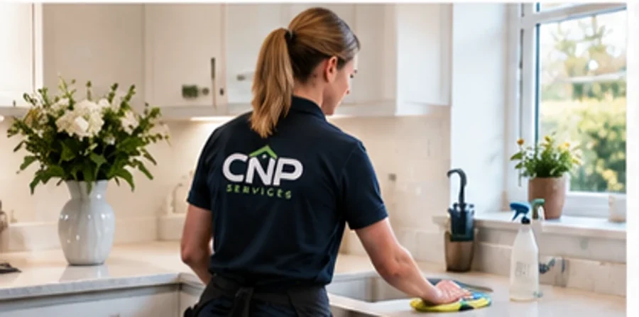 Domestic cleaner working in a kitchen